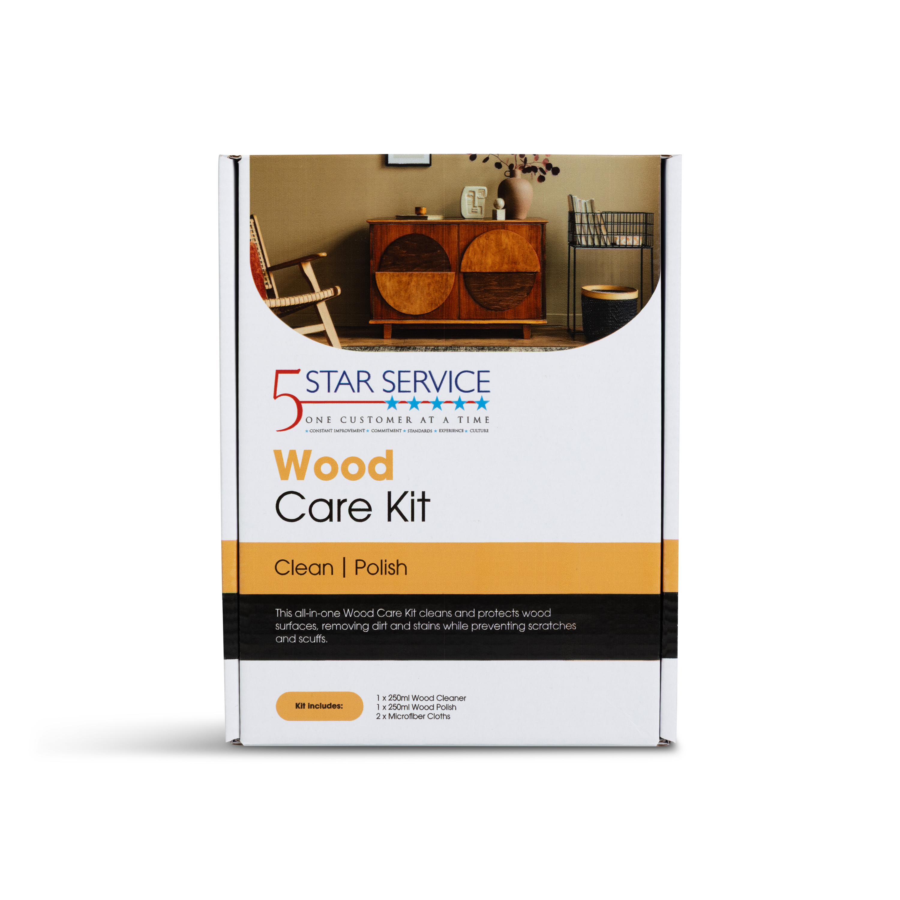 Wood care kit — cleaner, polish, and microfiber cloth